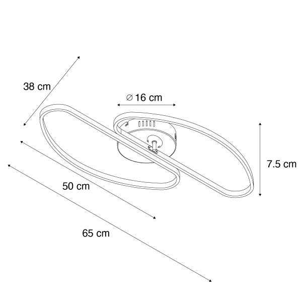 Technische Zeichnung einer Deckenleuchte mit den Maßen 38 cm, 16 cm Durchmesser, 50 cm, 65 cm und 7,5 cm.