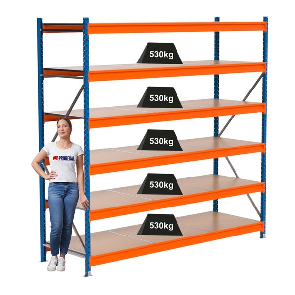 Lagerregal mit fünf Ebenen, Traglast 530 Kilogramm pro Ebene
