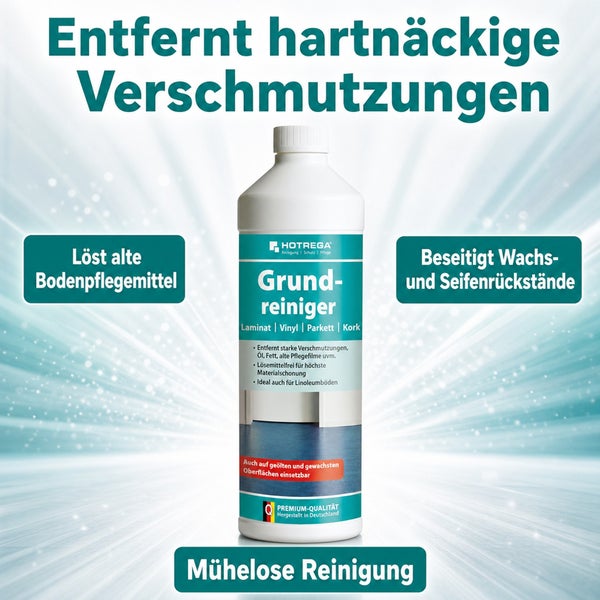 Hotrega Grundreiniger für Laminat, Vinyl, Parkett und Kork zur Entfernung von hartnäckigen Verschmutzungen und alten Pflegemitteln.