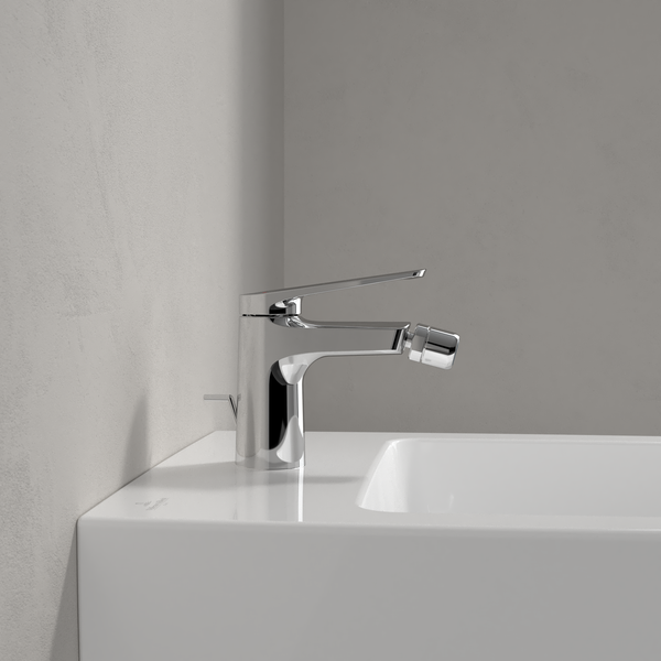 Villeroy & Boch Oasis Einhebel-Bidetarmatur, Bidet Wasserhahn mit Zugstange und Keramikkartusche, Bidetmischer wassersparend, Auslauf Höhe 73mm, rund, Chrom