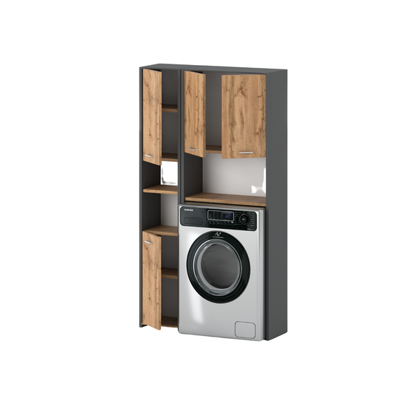 Waschmaschine in Waschtischunterschrank mit Regalen