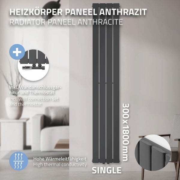 LuxeBath Paneelheizkörper Einlagig 300 x 1800 mm Anthrazit inkl. Anschlussgarnitur mit Thermostat Eckform Wandanschluss, Badheizkörper Mittelanschluss Heizung Designheizkörper Flachheizkörper Vertikal