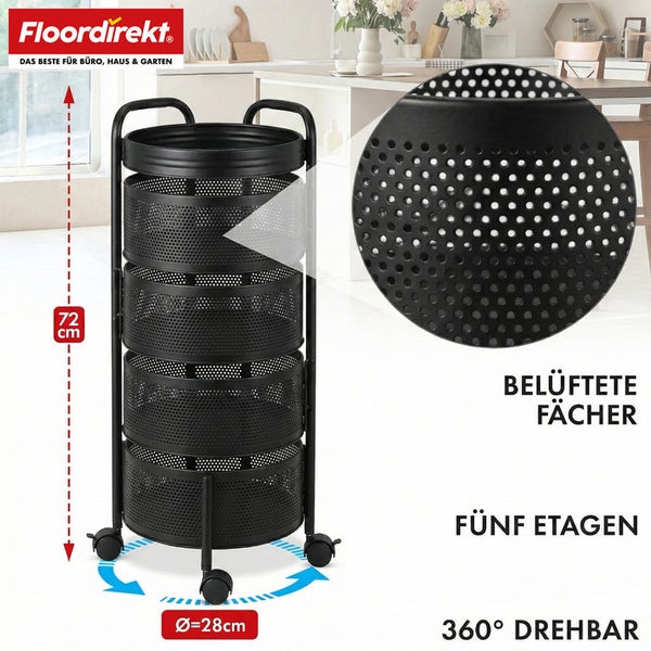 Rollwagen mit fünf Etagen, belüfteten Fächern und 360 Grad Drehfunktion, Höhe 72 cm, Durchmesser 28 cm