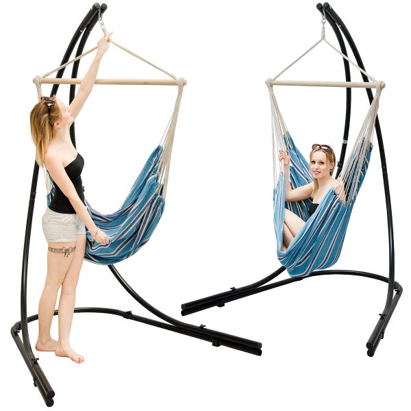 AMANKA freistehendes Hängestuhlgestell 210cm inkl. XXL Hängestuhl 185x130cm Baumwolle Blau Streifen Hängesessel-Metall-Gestell