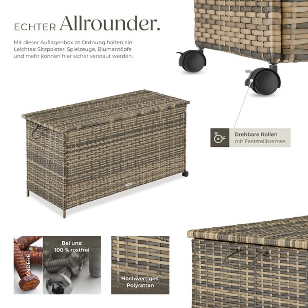Polyrattan-Auflagenbox mit Rollen inklusive Feststellbremse und rostfreien Edelstahlschrauben zur Gartenaufbewahrung.