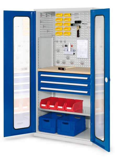 Werkstattschrank mit Werkzeug, Regalen, Schubladen und Lochwand