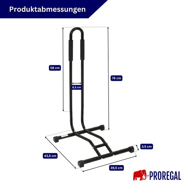 Maßzeichnung eines schwarzen Fahrradständers von Proregal mit Angabe der Abmessungen in Zentimetern.