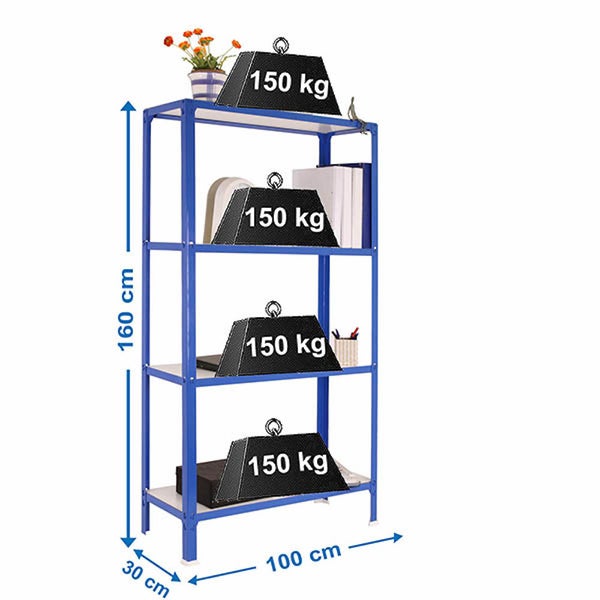 Blaues Metallregal mit 4 Böden, 160 Zentimeter hoch, 100 Zentimeter breit, 30 Zentimeter tief, Traglast 150 Kilogramm pro Boden.