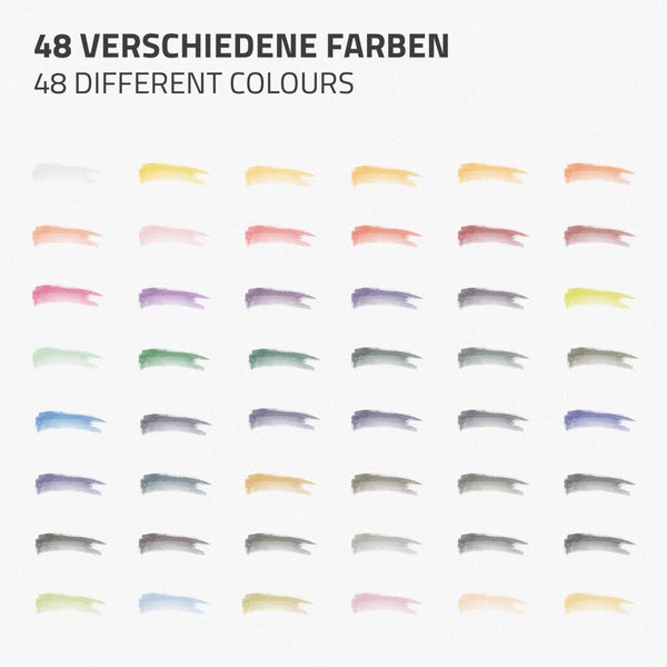 ECD Germany Aquarellfarben Set 48 Farben in tragbarer Box, inkl. 3 Pinsel, 1 Bleistift 2B, 2 Aquarellstift, 4 Aquarellpapier, Vollaquarell-Palette, Malkasten, Wasserfarben Set für Anfänger und Profis
