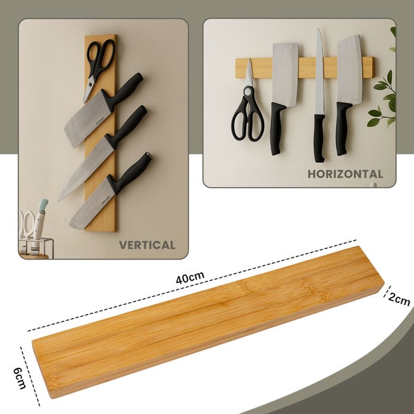 CHEFGASTRO Magnetleiste magnetische Messerleiste Messerhalter aus Bambus | HxBxT 6,2x40x2,1cm | Inkl. 3 silberne Haken | Bambus | extra stark magnetischer Messerstreifen zum Kleben oder Schrauben