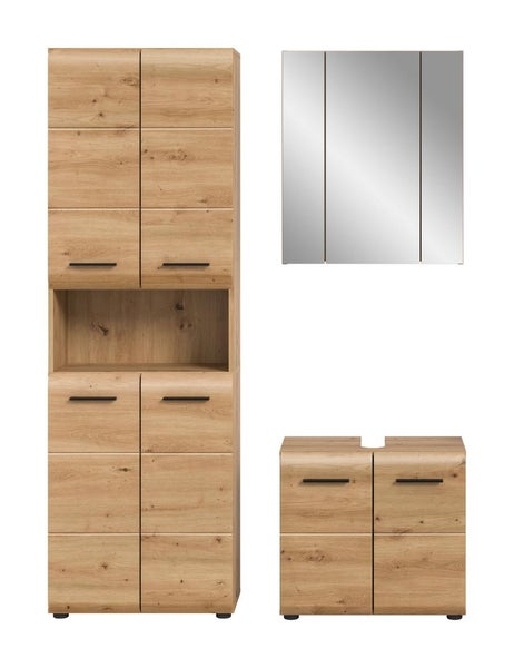 Badezimmermöbel Set in Eiche Optik mit Hochschrank, Waschbeckenunterschrank und dreitürigem Spiegelschrank.