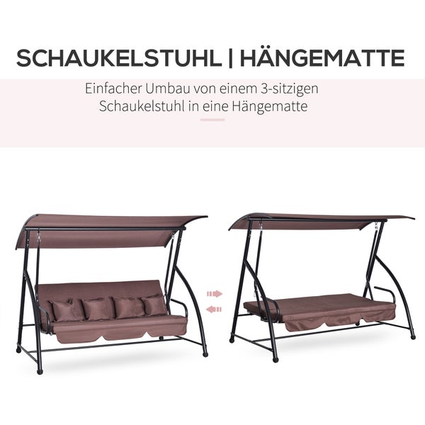 Outsunny Hollywoodschaukel, Gartenschaukel, 3 sitzer mit verstellbarem Dach, 215 x 120 x 165 cm, Polyester, Braun