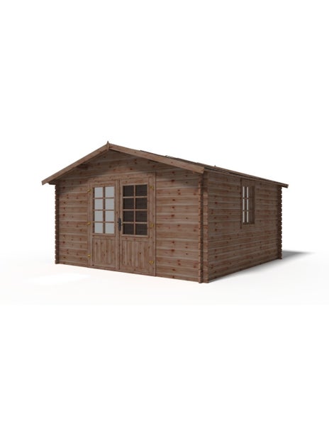 Gartenhaus aus Holz mit Satteldach, Doppeltür mit Lichtausschnitten und einem Seitenfenster.