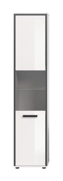 Moderner Badezimmer-Hochschrank in Weiß und Anthrazit mit zwei Türen und einem offenen Mittelfach.