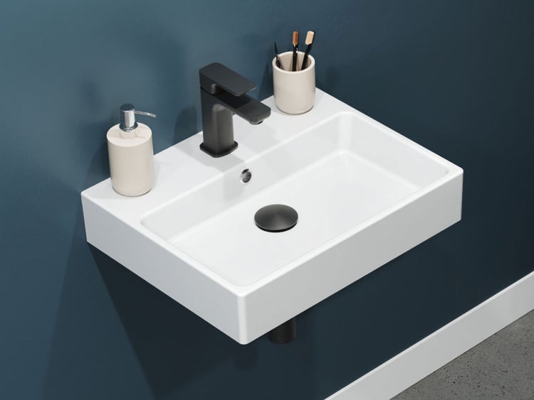Aqua Bagno Solo Waschbecken 10.05.30.04 – 50 x 40 cm – Weiß Hochglanz – Keramikbecken mit Hahnloch & Überlauf