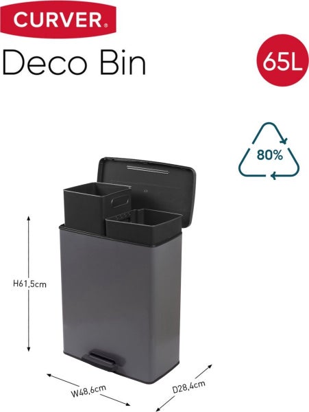 Curver Deco Bin Duo Mülleimer -  26L+ 26L - mit Pedal, cool grey