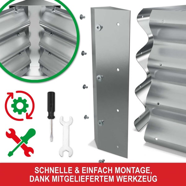 Metall-Hochbeet in vier Größen erhältlich: 120 mal 60 mal 60, 180 mal 90 mal 30, 180 mal 90 mal 60 und 120 mal 60 mal 30 Zentimeter.