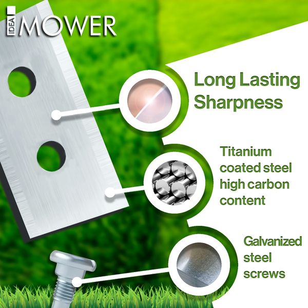 Illustrative Darstellung der Eigenschaften eines Rasenmähermessers: Langanhaltende Schärfe, Stahl mit Titanbeschichtung und hohem Kohlenstoffgehalt, Schrauben aus verzinktem Stahl