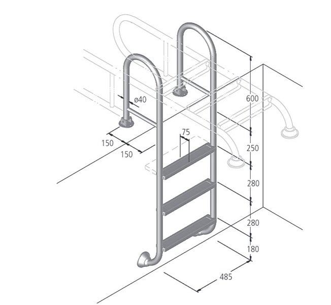 Technische Zeichnung einer Schwimmbadleiter mit Maßangaben.
