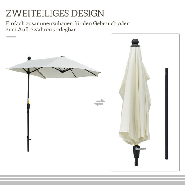 Sonnenschirm mit Abmessungen 2,95 Meter mal 2,4 Meter, Rohrdurchmesser 38 Millimeter, geeignet für Tische mit vier bis sechs Sitzplätzen.