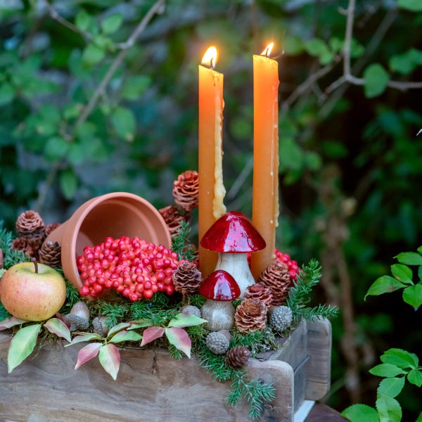 Herbstliche Tischdekoration in einer Holzkiste mit brennenden Kerzen, Tannenzapfen, Beeren, einem Tontopf, Äpfeln und Pilzdekor.