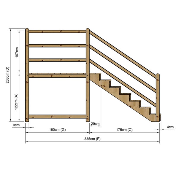 Technische Zeichnung eines Hochbettes mit Leiter und Maßangaben