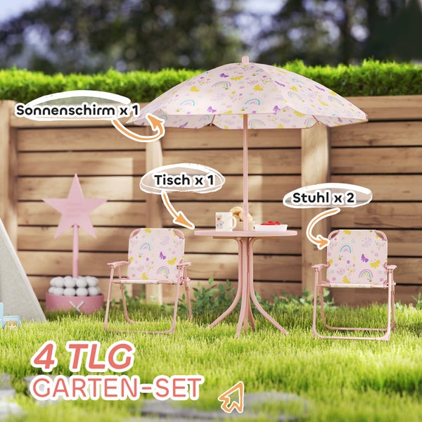 Vierteiliges Gartenset mit Sonnenschirm, Tisch und zwei Stühlen auf einer Rasenfläche