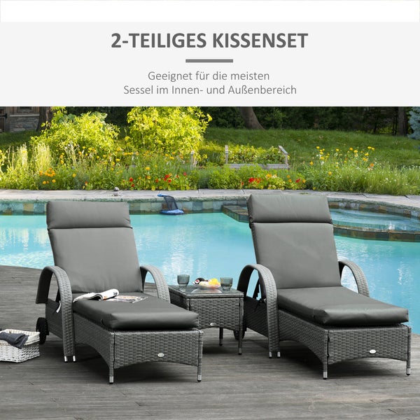 Outsunny 2er Set Auflage für Sonnenliege, Flammhemmend Liegenauflage mit Bänder für Gartenliege 8cm dick Polsterauflage Liegestuhl Kissen für Gartenmöbel, Auflagen für Deckchair 196x55x8 cm Dunkelgrau