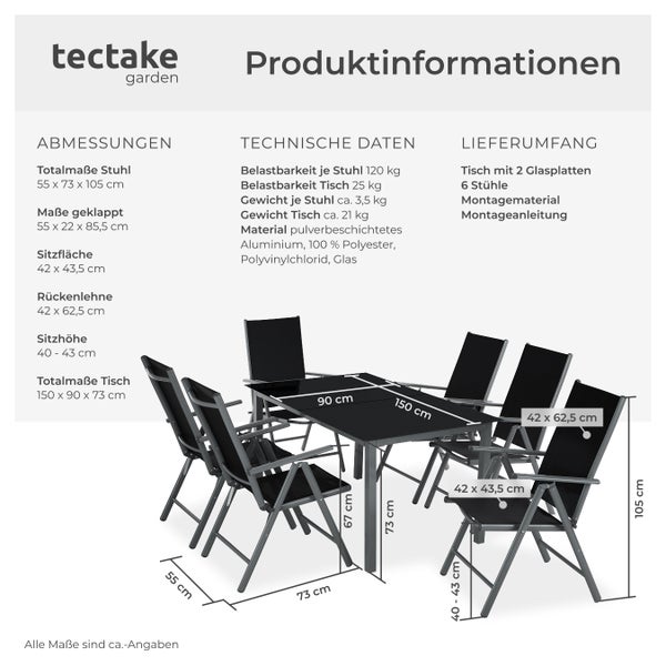 Sitzgruppe tectake Ercolano Tisch mit Sicherheitsglasplatten und Ausgleichsschrauben mit Aluminiumgestell, für 6 Personen anthrazit