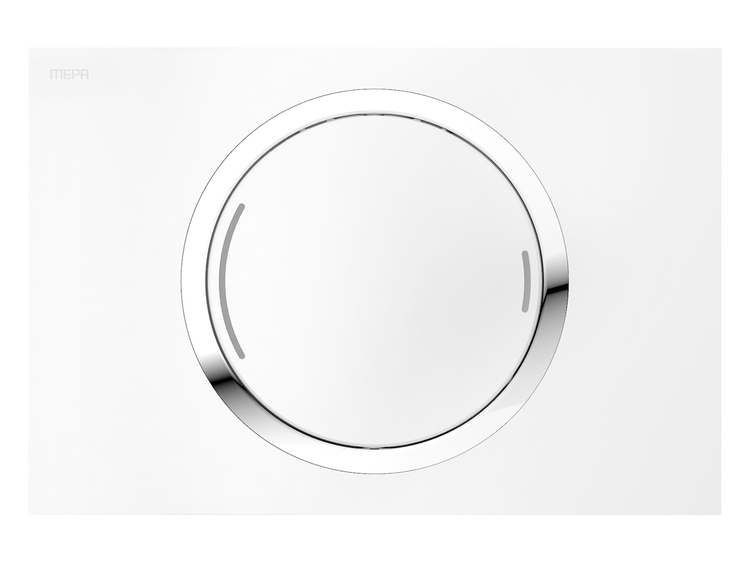 MEPA Betätigungsplatte für Toilette in Weiß mit kreisrunder Spültaste und verchromtem Ring. MEPA Logo.
