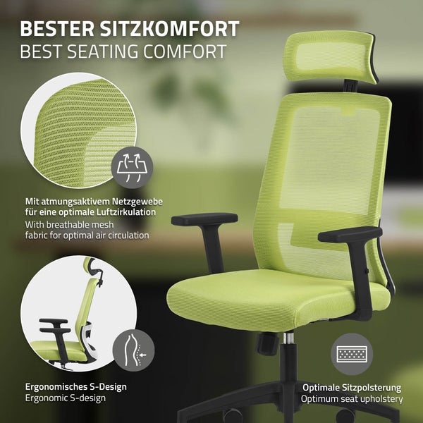 ML-Design Bürostuhl ergonomisch, Grün, Mesh, Schreibtischstuhl mit Verstellbarer Kopfstütze, Armlehnen, Lendenwirbelstütze, Wippfunktion, Drehstuhl mit Rollen, Computerstuhl Chefsessel Gaming Stuhl