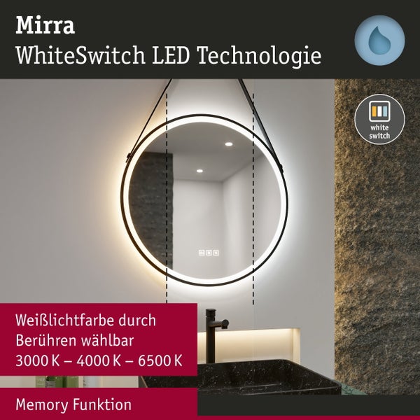 Runder LED-Badspiegel Mirra mit schwarzem Gurt, einstellbarer Lichtfarbe von 3000 bis 6500 Kelvin und Memory-Funktion.