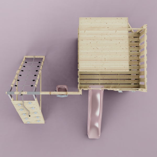Spielturm aus Holz in der Draufsicht mit Rutsche, Schaukel, Kletterwand und Kletternetz.