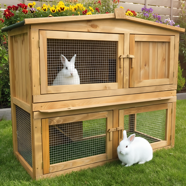Zweistöckiger Kaninchenstall aus Holz mit Gittertüren im hellen Garten auf einem Rasen mit zwei weißen Kaninchen.