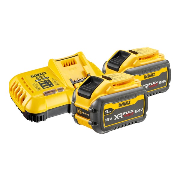 DeWalt XR FlexVolt Akku-Starter-Set mit zwei 18 Volt 54 Volt 9 Amperestunden Lithium-Ionen Akkus und einem Schnellladegerät.