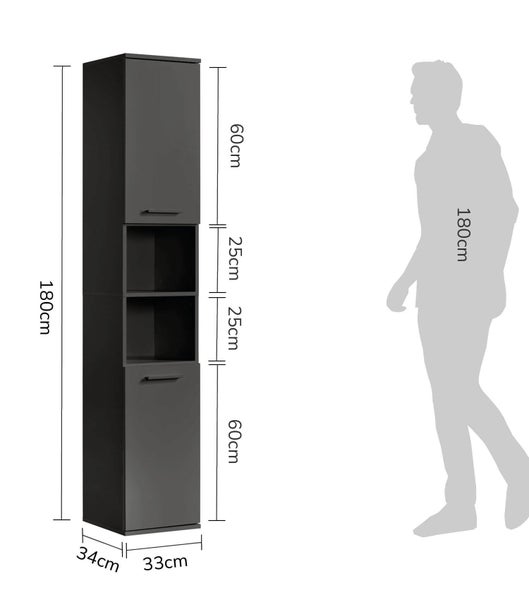 Hochschrank mit offenem Regal und diversen Badutensilien neben einem Stuhl