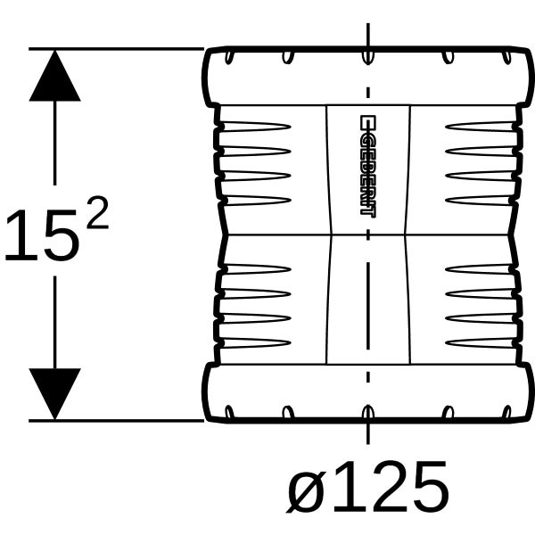 Technische Zeichnung einer Geberit Kupplung mit einem Durchmesser von 125 Millimetern und Geberit Logo.