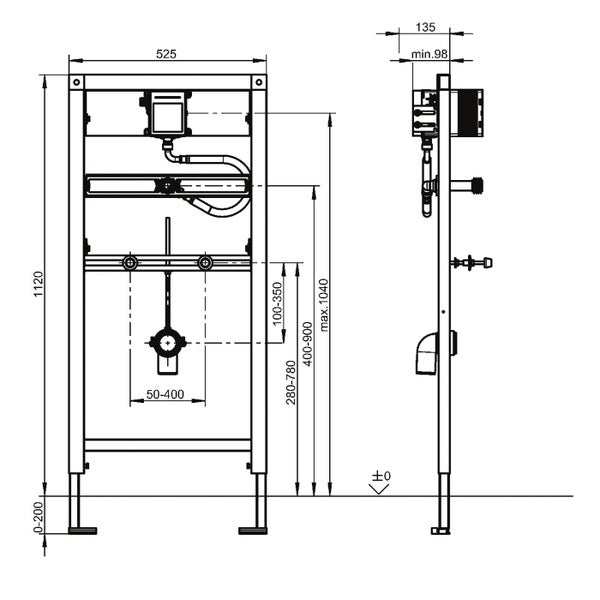 Technische Zeichnung eines Vorwandelementes fuer Wand WC mit Vermaßung in Millimetern fuer die Installation.
