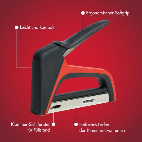 Schwarz-roter, leichter, kompakter Handtacker mit Arrow Logo, ergonomischem Softgrip, Klammer-Sichtfenster und Beladung von unten.