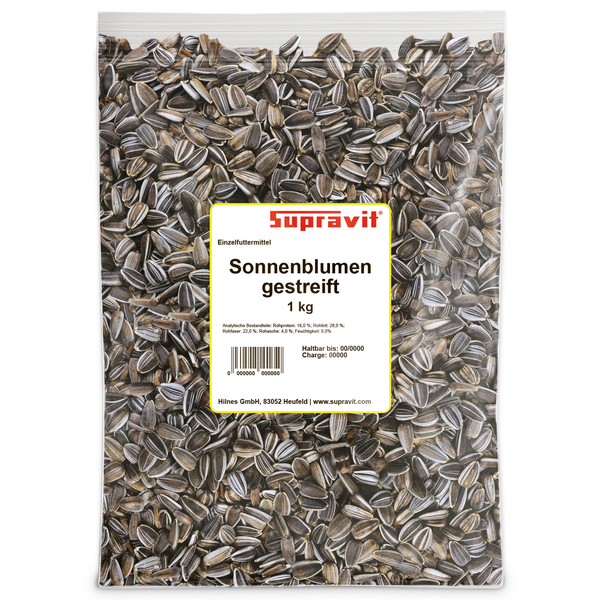 Einzelfuttermittel Supravit Sonnenblumenkerne gestreift im 1 Kilogramm Beutel.