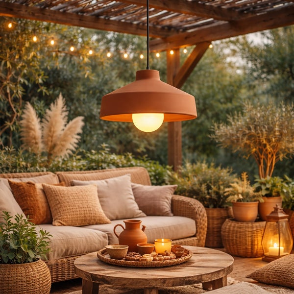 Moderne Terrakotta Pendelleuchte über einer gemütlichen Loungeecke auf einer Terrasse mit Holzpergola und Lichterkette.