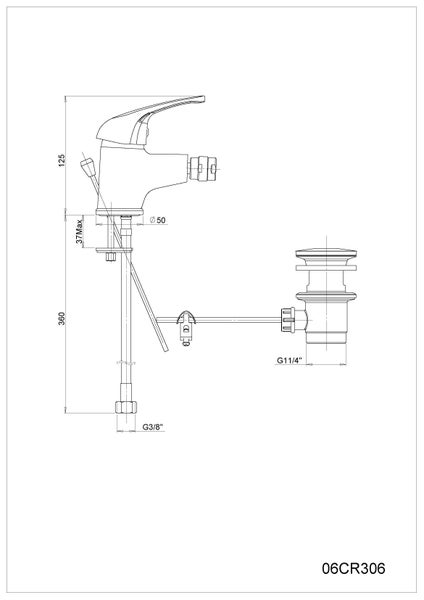 Technische Zeichnung eines Wasserhahns mit Maßen