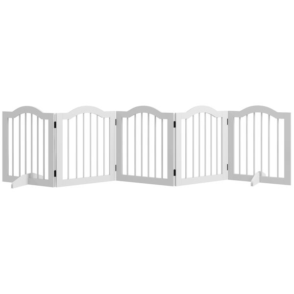 PawHut Absperrgitter Hund 5-teilig, 254,5 x 61 cm Faltbar Hundegitter mit Tür, Türschutzgitter mit 2 Stützfüßen, Freistehend Treppengitter für Küche, Flur, Weiß