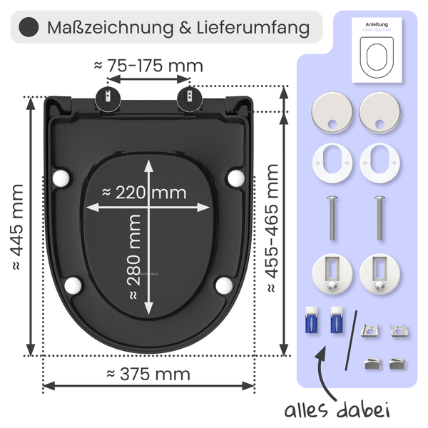Maßzeichnung und Lieferumfang eines schwarzen WC-Sitzes mit den Maßen 445 mm Höhe, 220 mm Breite innen, 280 mm Länge innen und 375 mm Breite außen sowie dem benötigten Zubehör und einer Bedienungsanleitung