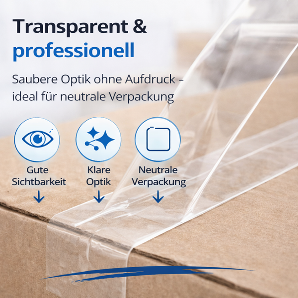Transparentes Klebeband auf Karton, gute Sichtbarkeit, klare Optik, neutrale Verpackung.