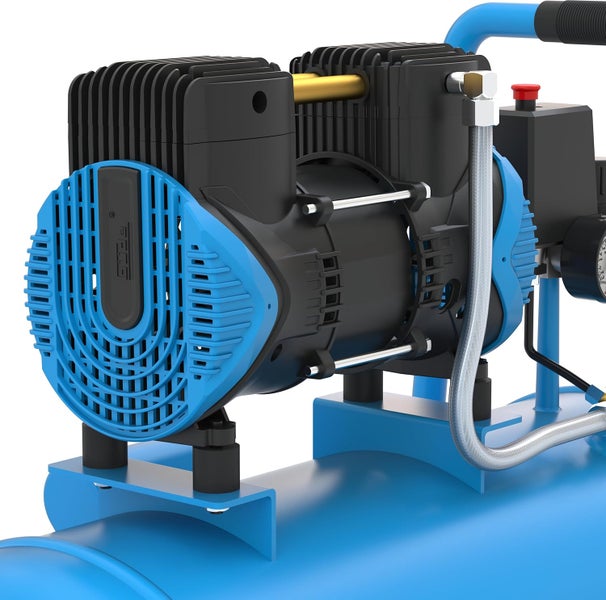 Detailansicht einer Kompressor-Motoreinheit mit schwarzen Kühlrippen und silbernem Druckluftschlauch auf einem blauen Kessel.