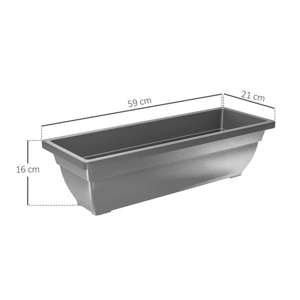Anthrazitfarbener Balkonkasten aus Kunststoff, Länge 59 Zentimeter, Breite 21 Zentimeter, Höhe 16 Zentimeter.