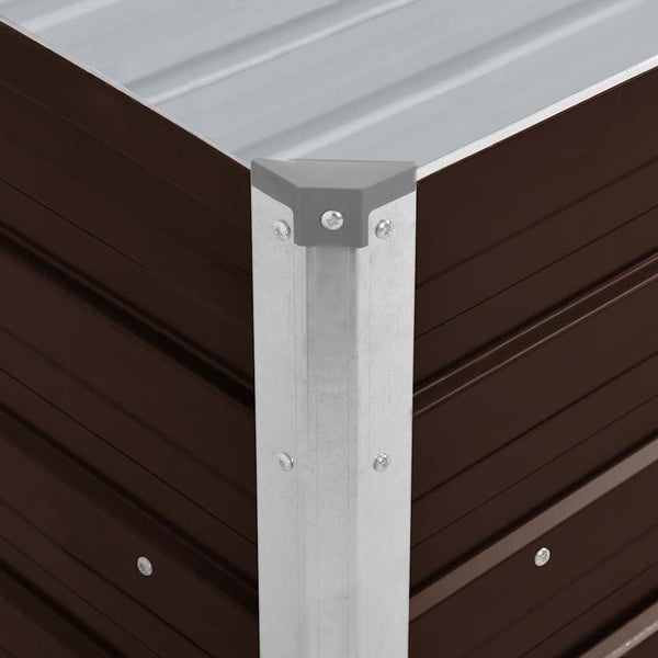Detailansicht einer Eckverbindung eines Hochbeets aus Metall mit verzinktem Eckpfosten und Kunststoffschutzkappe.