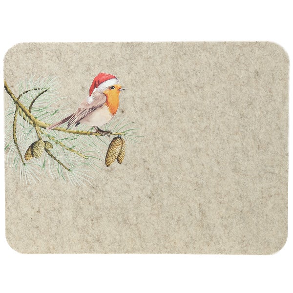 Filzplatzset mit Vogel auf einem Ast mit Weihnachtsmütze