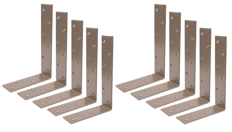 Set aus zehn metallenen Schwerlastwinkeln mit Bohrungen für die stabile Befestigung von Regalböden oder Holzbalken.